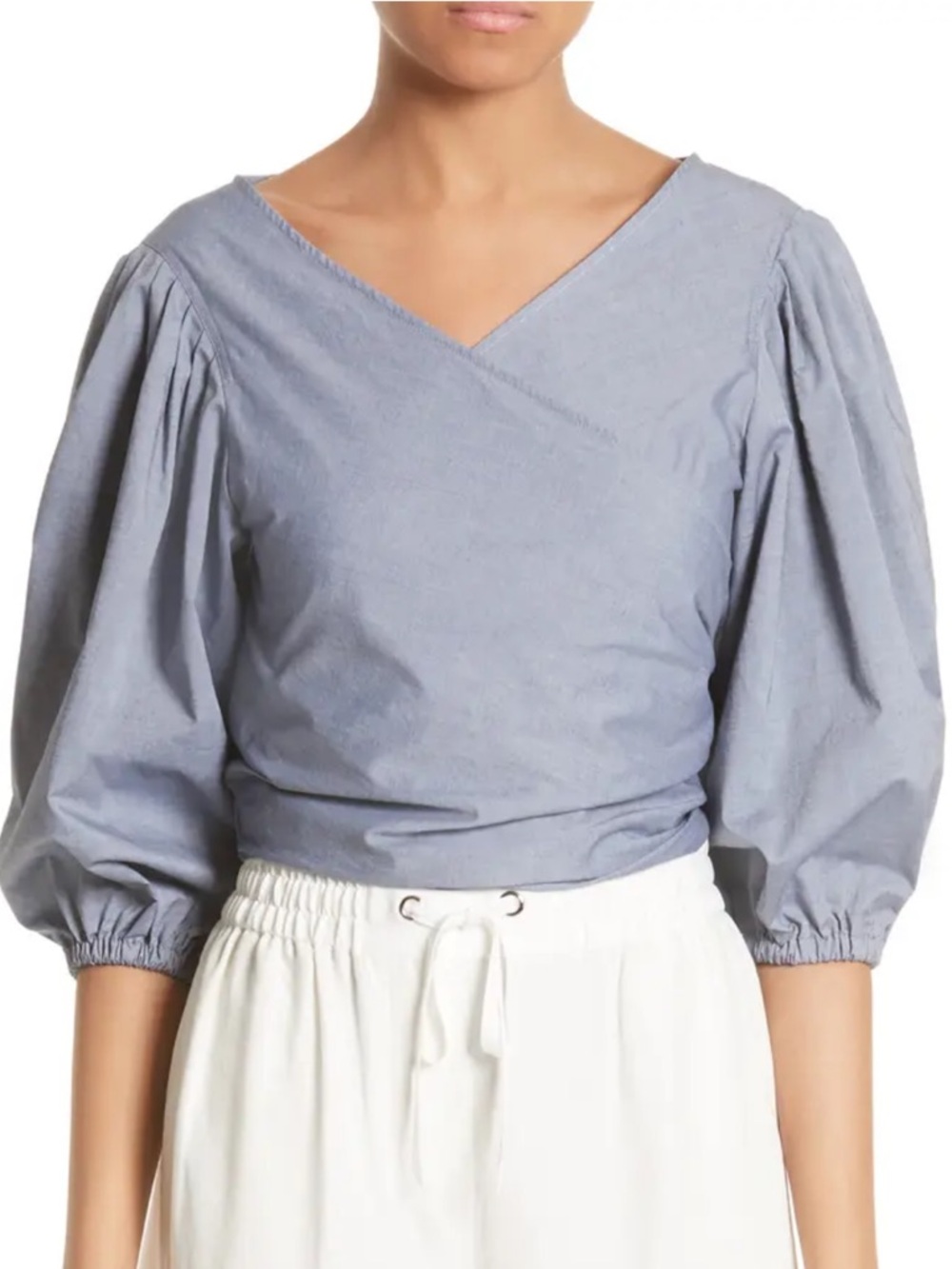 Elizabeth and James Farrah Wrap Top Puff Sleeve Cotton Blue Small